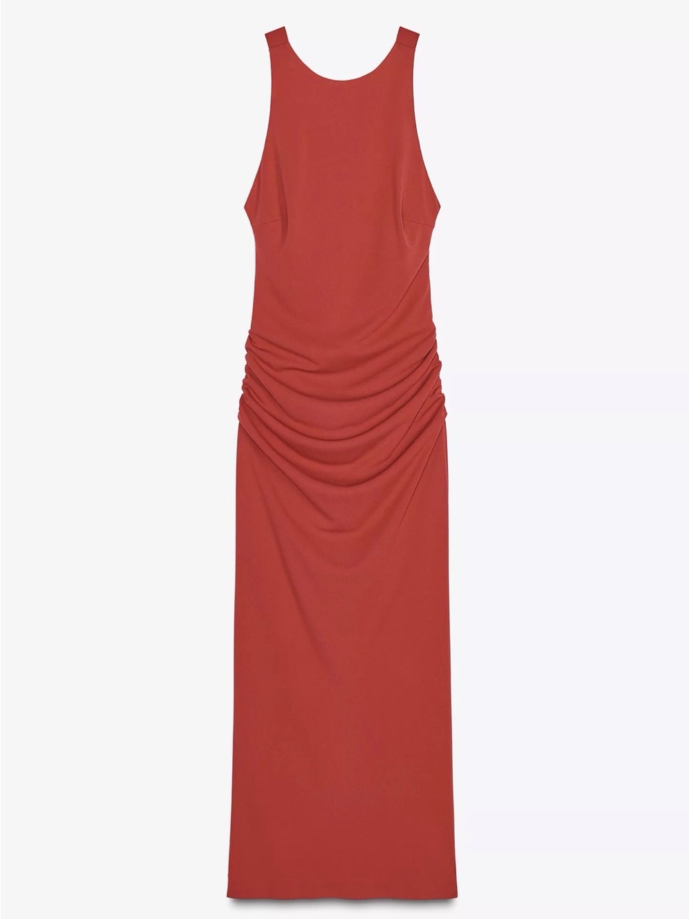 Zara Rust Red Sleeveless Maxi Dress with Ruched Waist